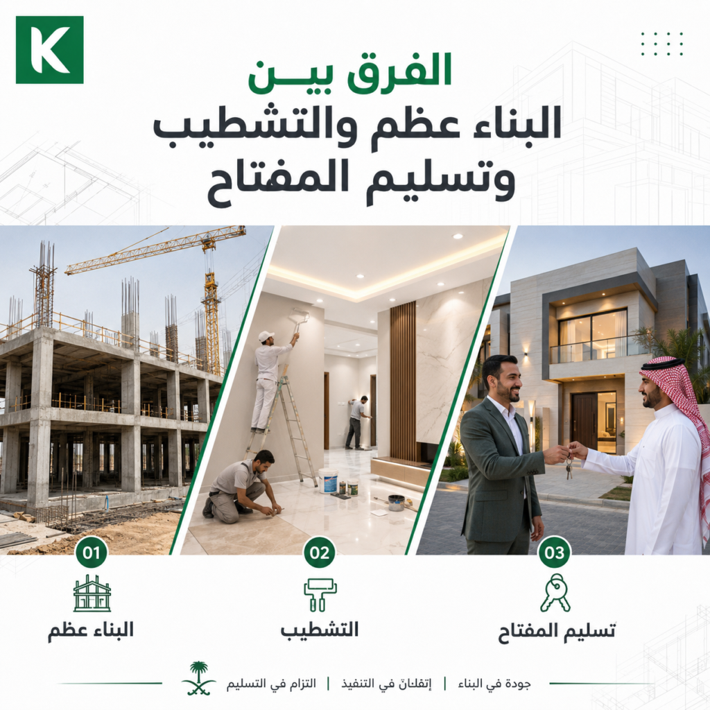 الفرق بين البناء عظم والتشطيب وتسليم المفتاح