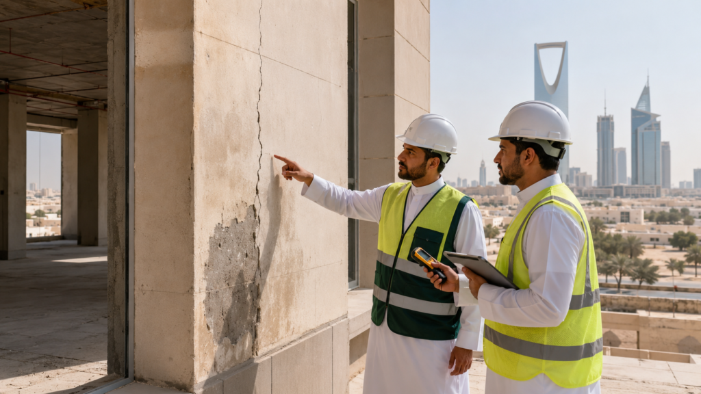 فحص تشققات المبنى قبل تنفيذ أعمال الترميم