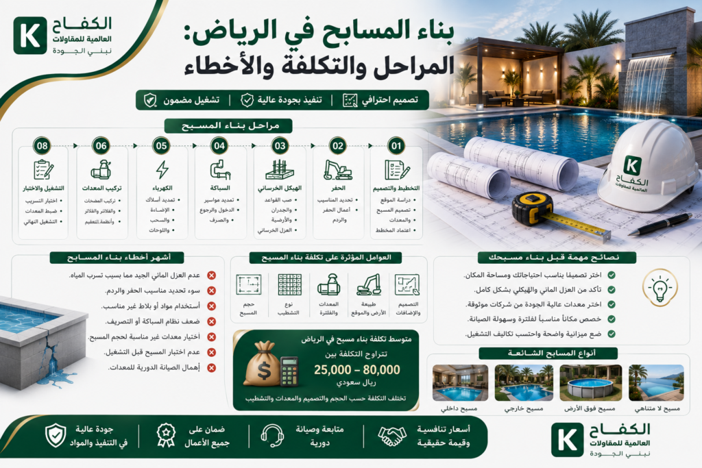 بناء مسبح خرساني حديث داخل فيلا في الرياض