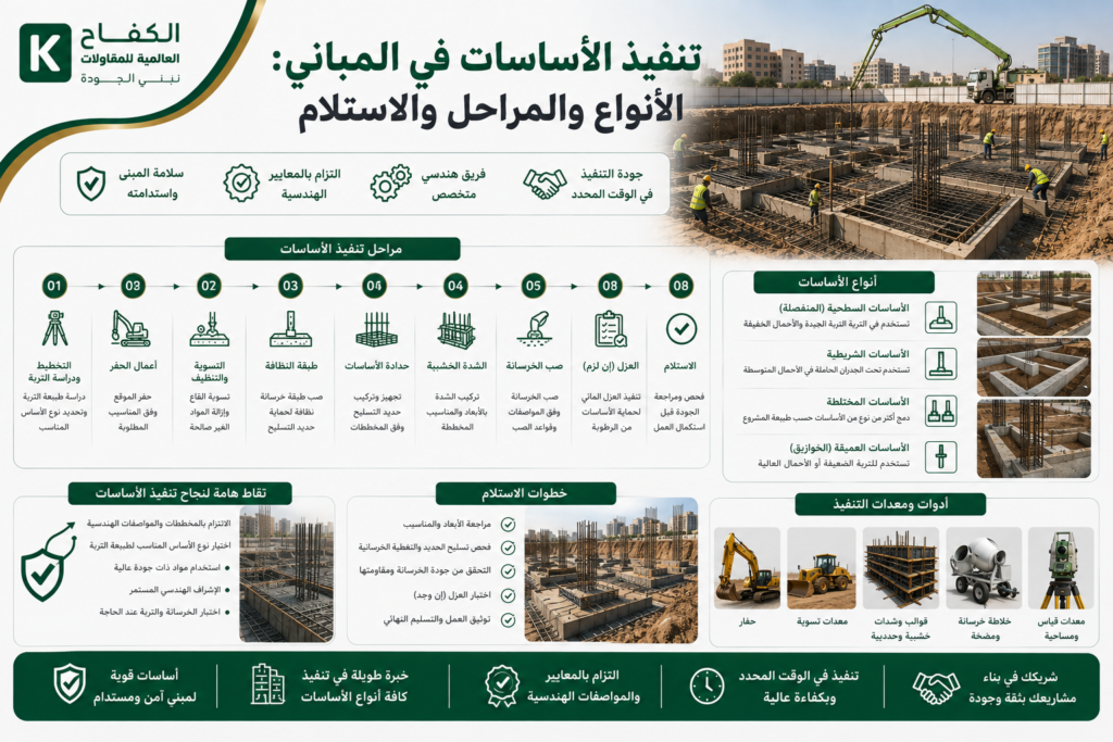 مهندس يفحص تنفيذ وتسليح الأساسات الخرسانية لمبنى في الرياض