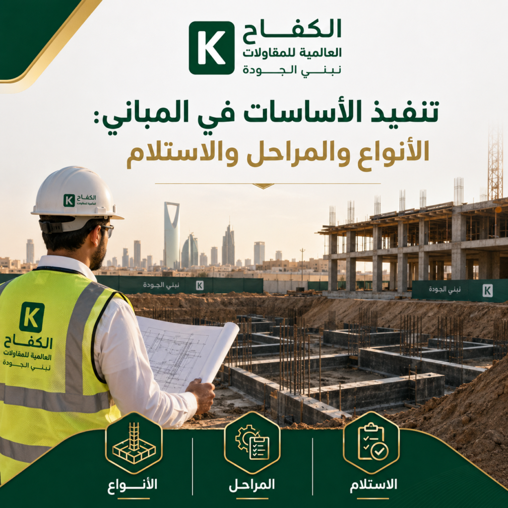 مهندس يفحص تنفيذ وتسليح الأساسات الخرسانية لمبنى في الرياض