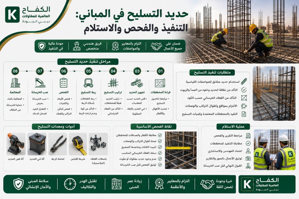 مهندس يفحص حديد التسليح قبل صب الخرسانة في مشروع بناء بالرياض